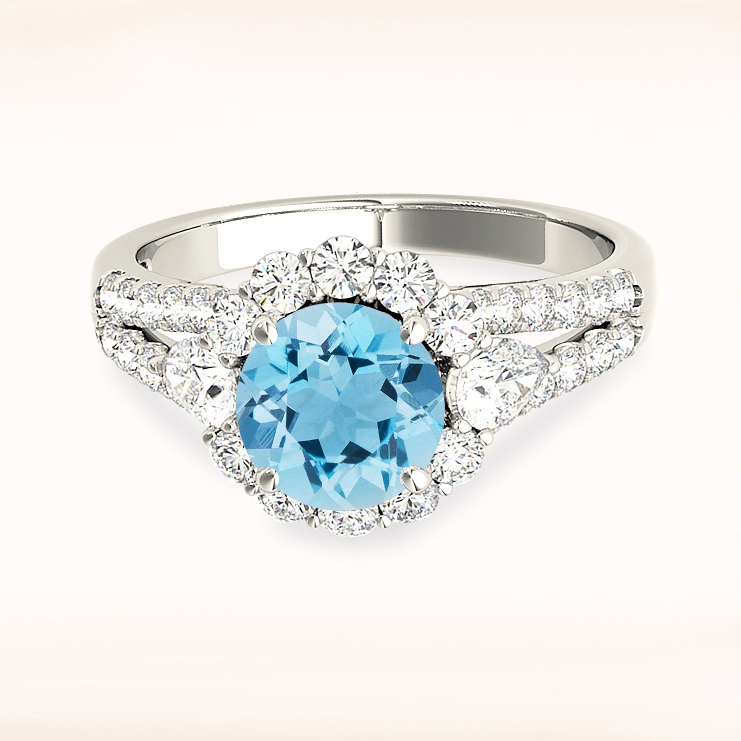 1.10 ct. Genuine Aquamarine Ring With 0.90 ctw. Diamond Halo And Split Diamond Shank,Side Accent Diamonds | Round Blue Aquamarine Halo Ring-VIRABYANI